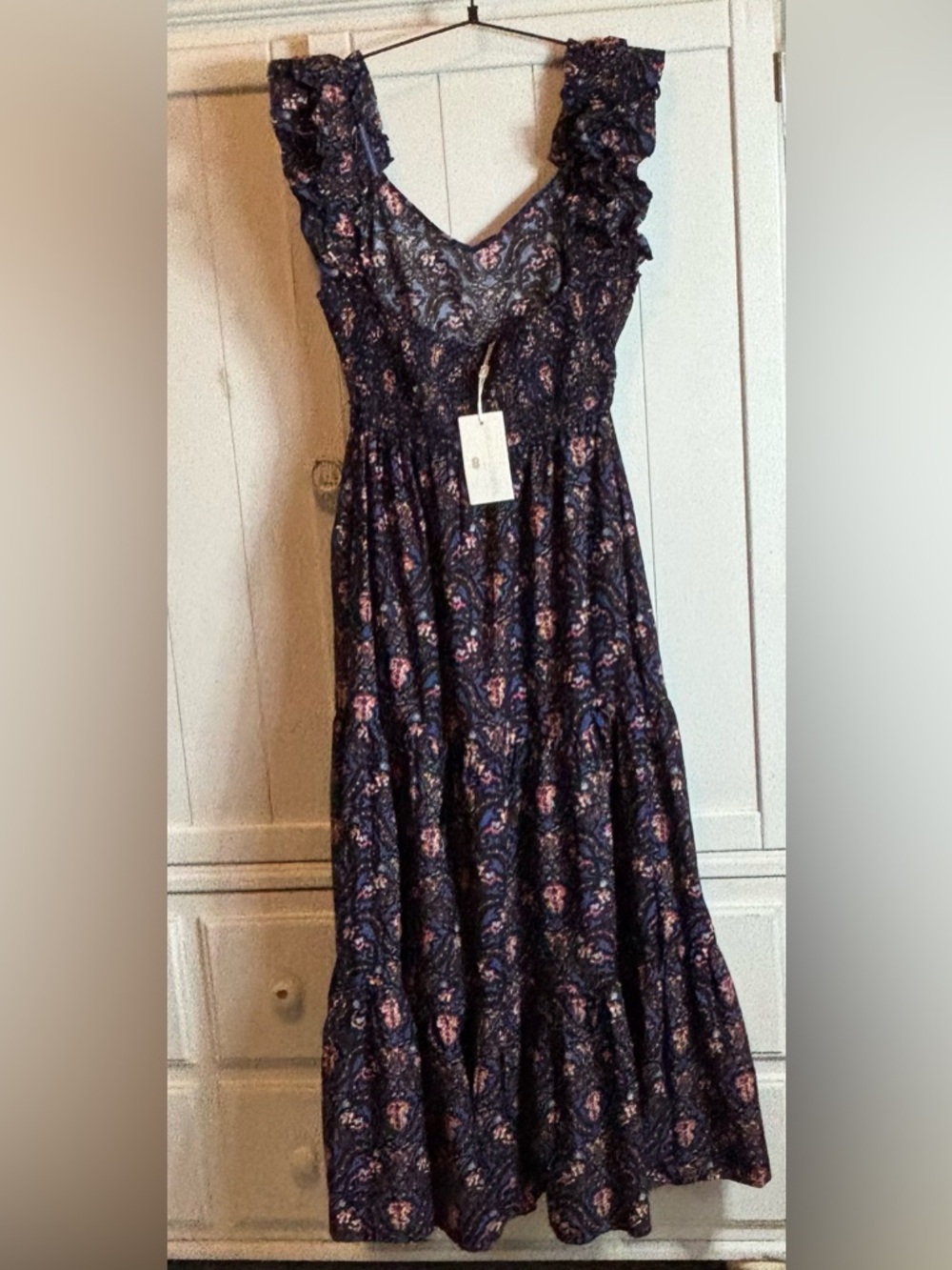 Caroline Constas Navy Pansy Print Maxi Dress Ruffle Strap Cotton S NWT - Picture 9 of 16